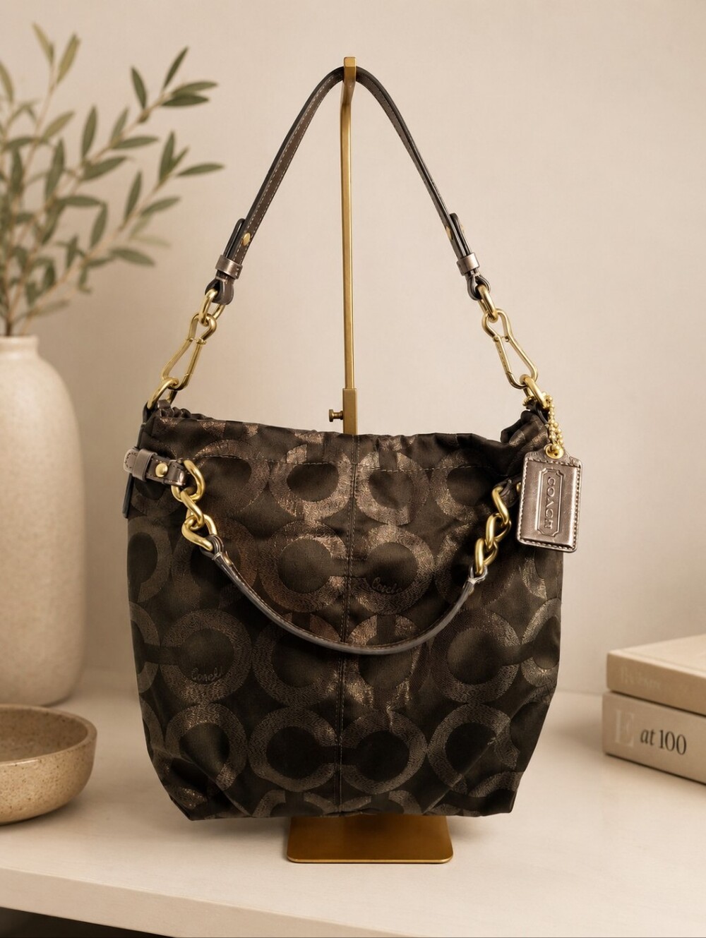 Coach Brooke Op Art Lurex Metallic Bronze Convertible Shoulder Bag EUC
